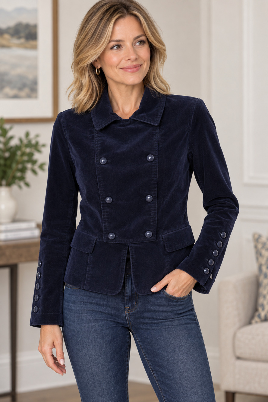 NWOT Talbots 4P Navy Blue Corduroy Double Breasted Military Blazer Jacket Petite